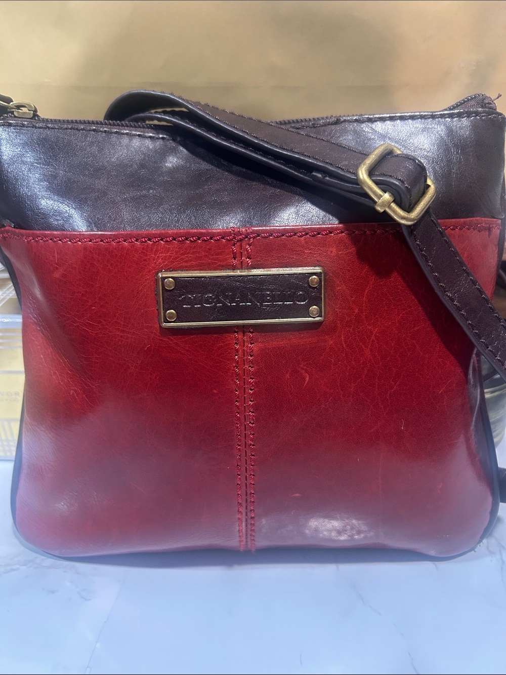 Tignanello Red and Brown Leather Crossbody Bag